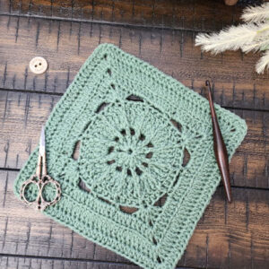 Oyster Square crochet pattern – a 9-inch textured crochet afghan block featuring back loop only, front post, and back post stitches. Part of the Riverwood Square CAL 2025, this modern square is perfect for blankets, pillows, or standalone projects.