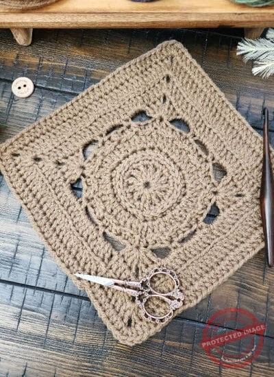 Fairchild Square crochet pattern – a 9-inch textured crochet afghan block featuring single, half double, and double crochet stitches, back loop only, front loop only, and 3rd loop stitches. Part of the Riverwood Square CAL 2025, this modern square is perfect for blankets, pillows, or standalone projects.