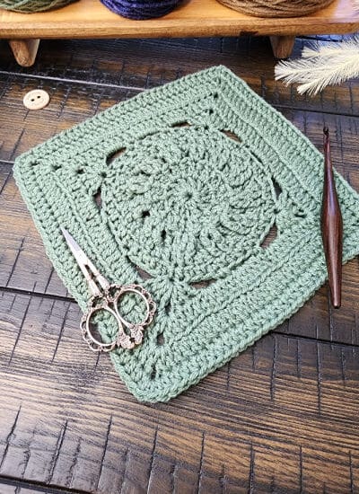 Stansberry Square crochet pattern – a 9-inch textured crochet afghan block featuring single, half double, double, and treble crochet stitches, back loop only, front loop only, front and back post stitches. Part of the Riverwood Square CAL 2025, this modern square is perfect for blankets, pillows, or standalone projects.