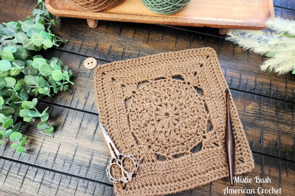 Bernard Square crochet pattern – a 9-inch afghan block using single, half double, double, and treble crochet with front and back loop only rows. Part of the Riverwood Square CAL 2025 by American Crochet.