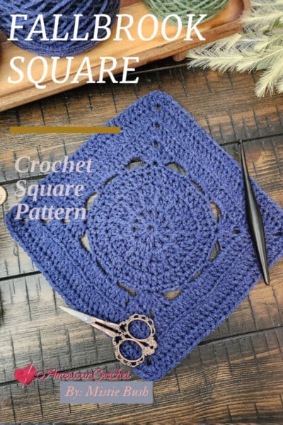 Fallbrook Square – textured crochet square pattern from the Riverwood Square CAL 2025. Designed by American Crochet using basic stitches and back loop techniques.