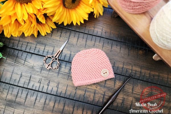 Close-up of the half double crochet slip stitch texture on the Little Luminary Hat, showing the soft ribbing perfect for preemie hats.